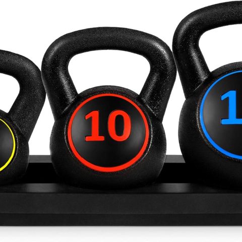 3-Piece Kettlebell Set with Storage Rack,  Coated Exercise Fitness Concrete Weights for Home Gym, Strength Training,  Workout 5lb, 10lb, 15lb